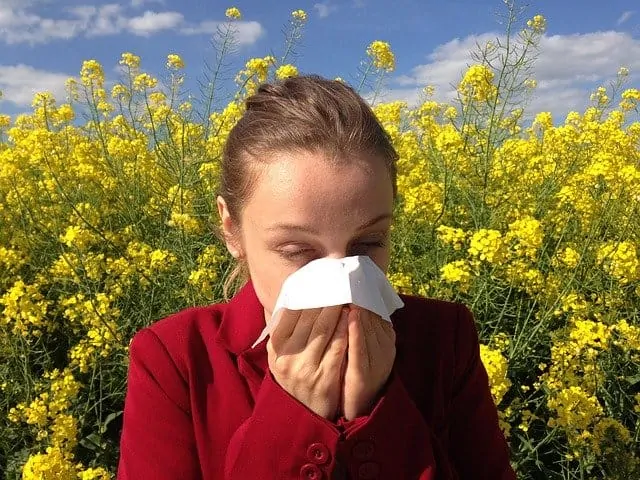 mujer con un pañuelo en la nariz frente un campo de flores